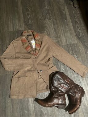 Cruel Girl Women's Brown Knit Blazer with Multicolor Striped Shawl Collar